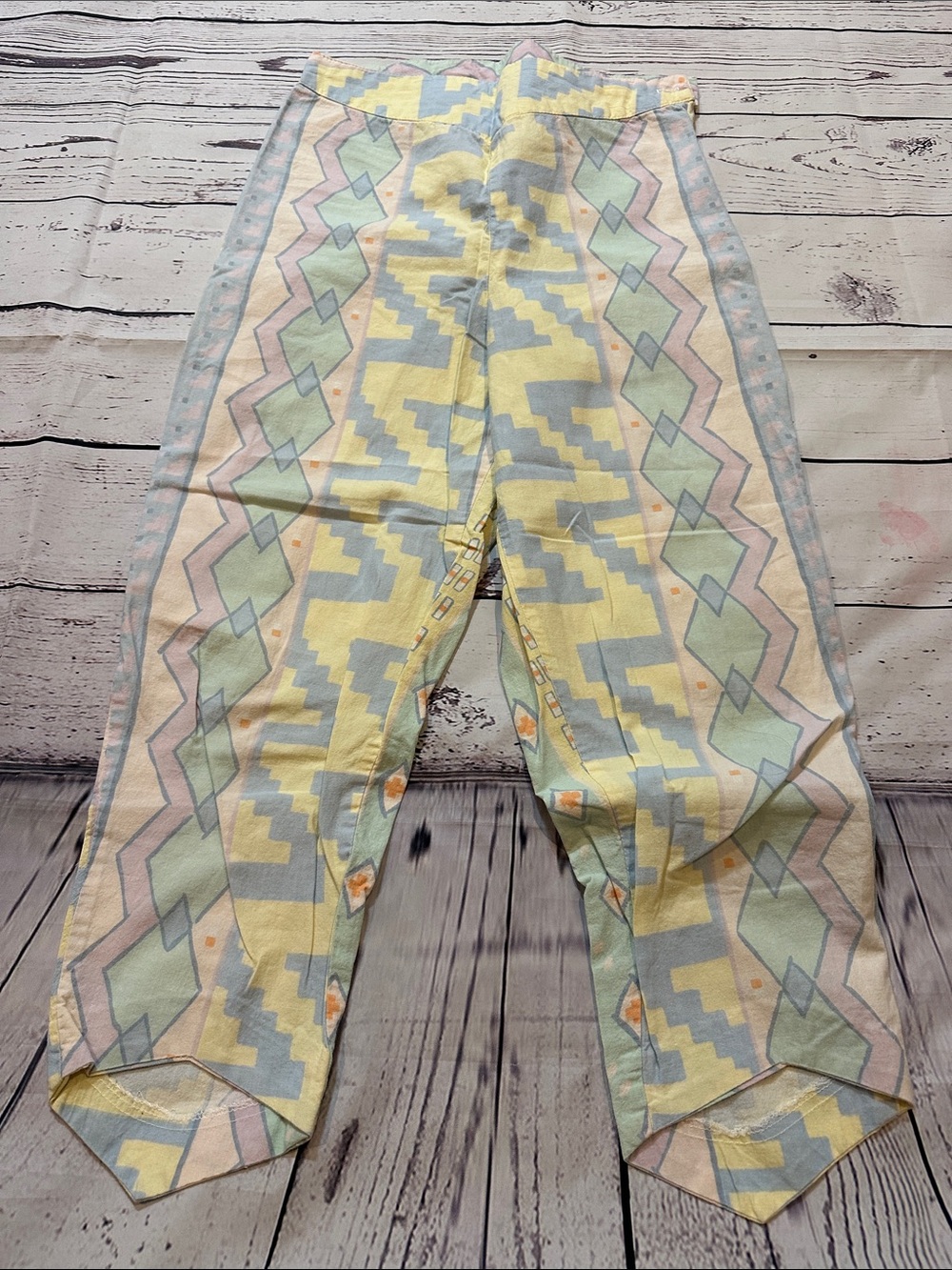 Vintage Pastel Geometric Capris with back cutout- Yellow, Mint & Light Gray
